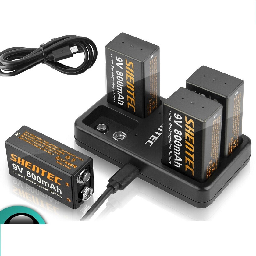 4 slot USB charger + 9 volt block Lthium rechargeable Li-ion compatibele Accu