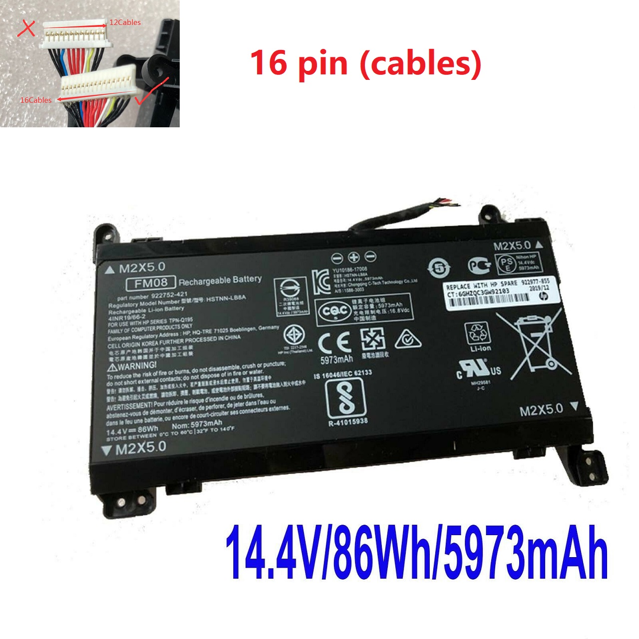 16 Cables FM08 HP 922752-421, 922753-421, 922976-855, 922977-855 compatibele Accu